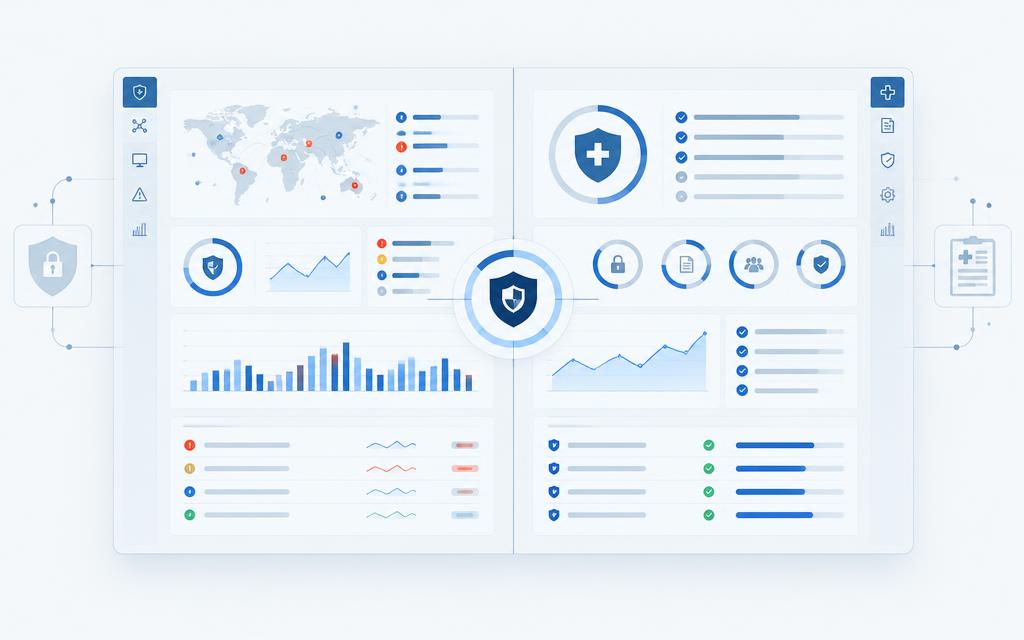 Unified cybersecurity and HIPAA posture dashboard illustration